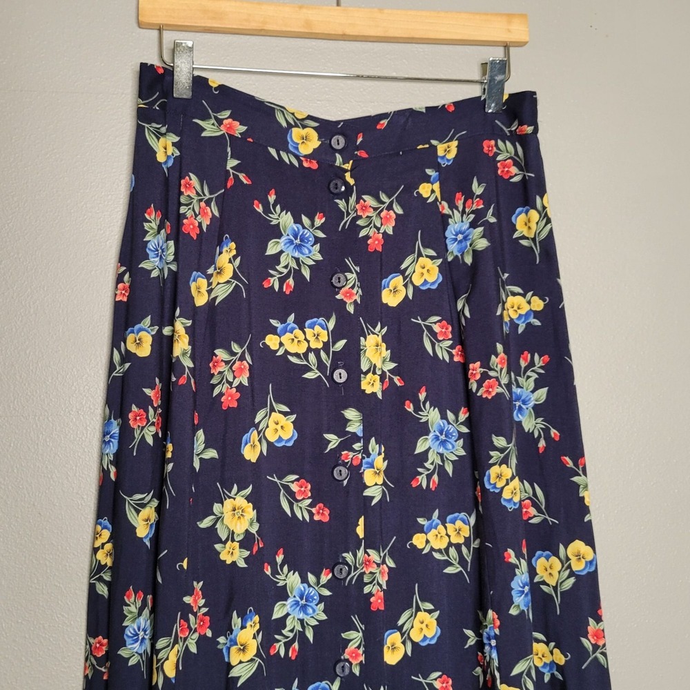 Vintage Cottagecore Modest Navy Blue Floral Button Front Midi Skirt Medium - Picture 3 of 5